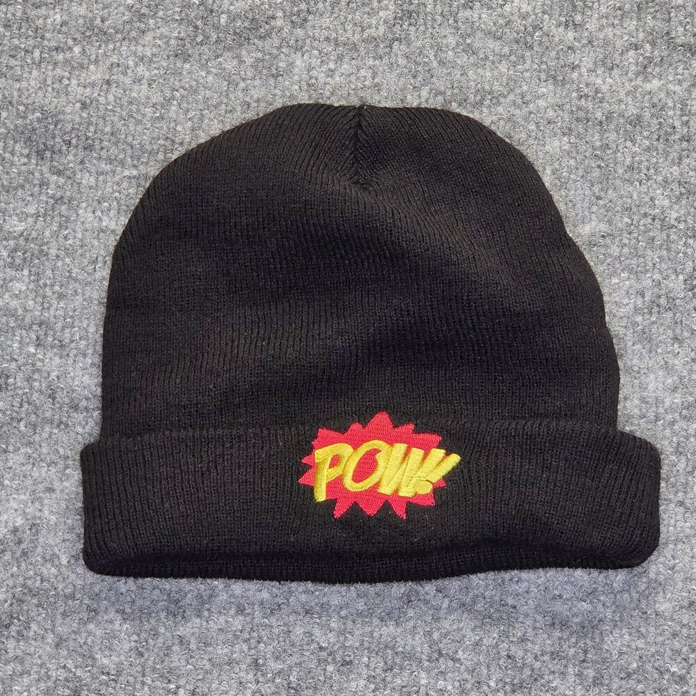 Spirit Halloween Beanie Hat Fitted Mens One Size Black POW Comic Cuffed Knit